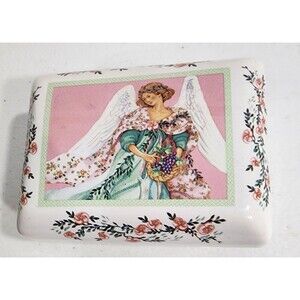 Jewelry Trinket Box Angel Roses Floral Daysprings Cards Ceramic Thailand 4"x 3"